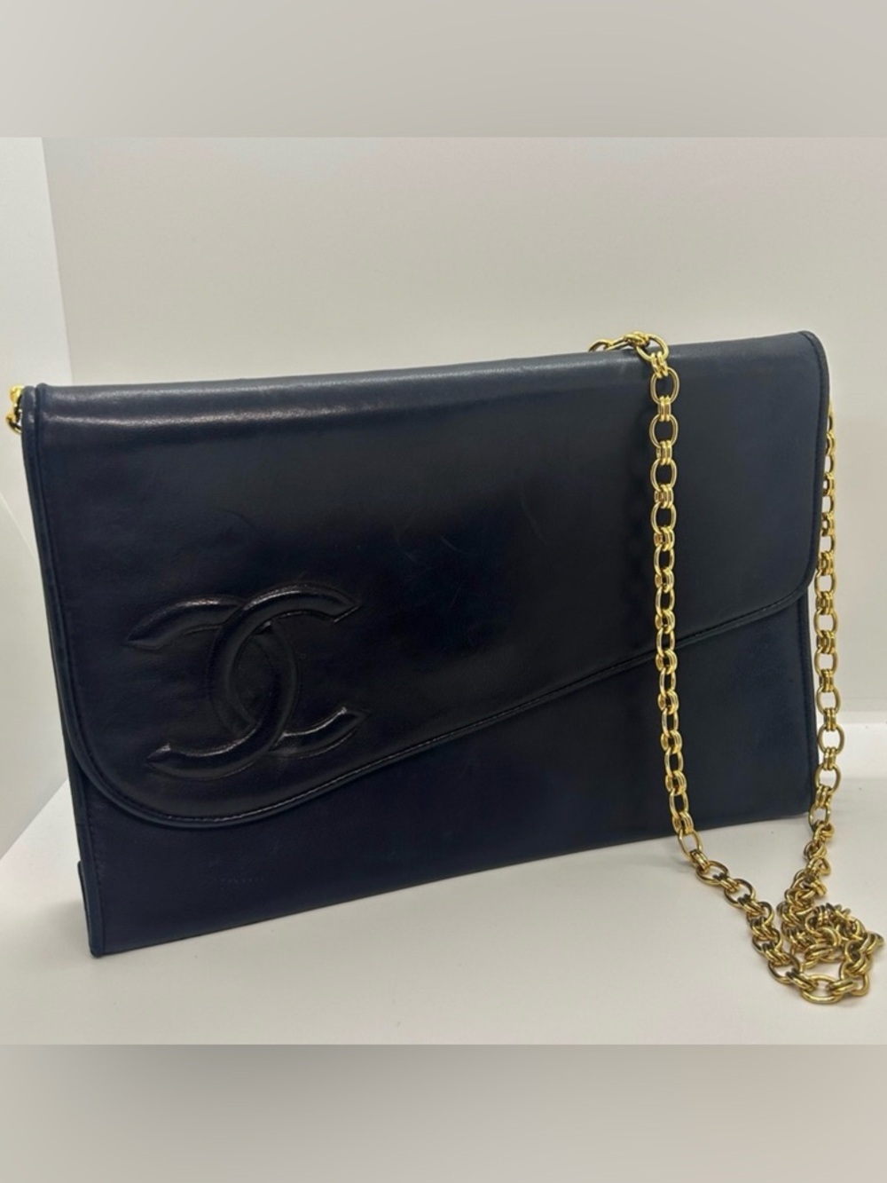 CHANEL Vintage Coco Mark Chain Navy Blue Lambskin Gold Chain Bag